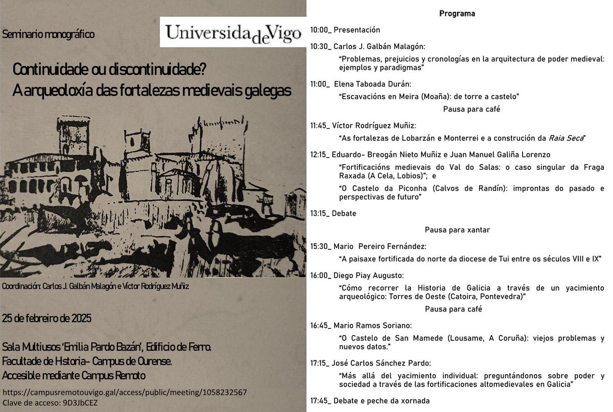 CastelosNoAire's tweet photo. O próximo martes viaxaremos até #Ourense a esta interesante iniciativa organizada por Carlos Galbán e Víctor Rodríguez onde debatiremos sobre #Arqueoloxía, #altaidademedia e #Fortalezas. Que pode saír mal?
Pódese seguir de forma presencial ou dixital 📷
Seguimos! 📷 https://t.co/S5jxJWhWbR