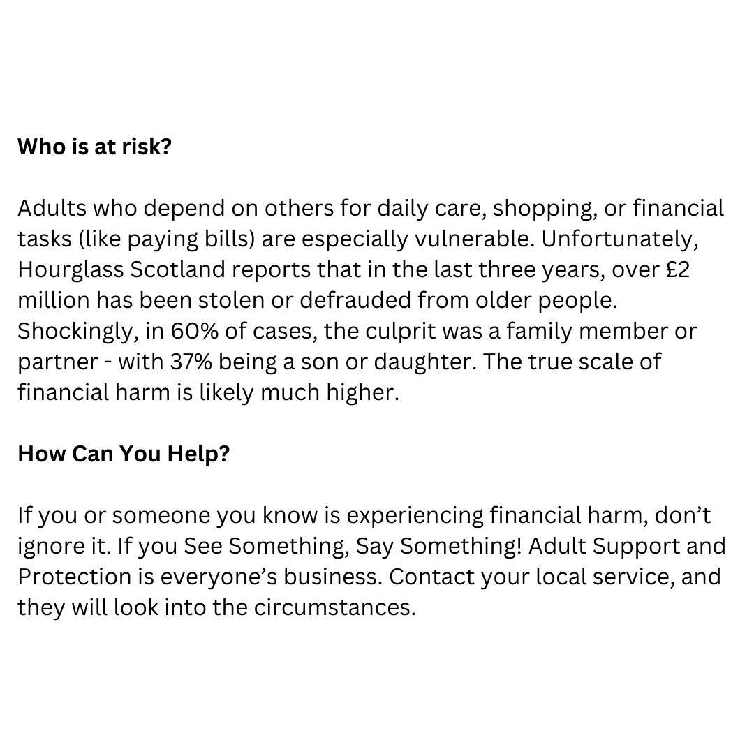 NHSGrampian's tweet photo. Today (20 Feb) is National Adult Support and Protection Day. This Year’s Theme: Financial Harm in Older Adults. 

See Something, Say Something!

#ASPD2025 #SeenSomethingSaySomething #ActAgainstHarm #KeepingPeopleSafe #PoliceScotlandNorthEast https://t.co/DNVWIqjc7N