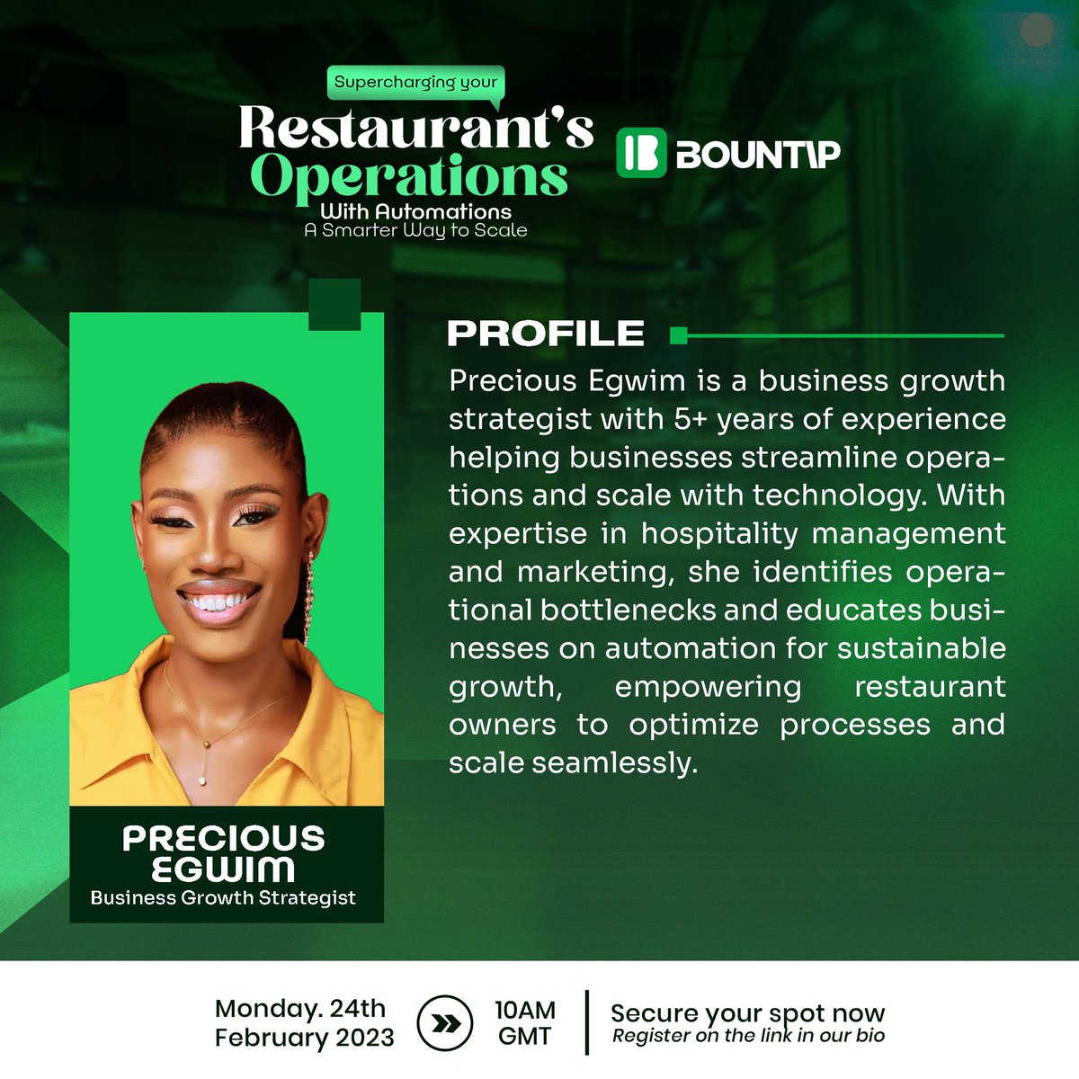 bountipglobal's tweet photo. Meet our host, Precious Egwim, an experienced growth and business strategist that has helped businesses in time past thrive. Click the link below to register.
https://t.co/CrnVIfXAVQ
#bountip #effortlesstechnology #restaurantsolutions https://t.co/IcAiOL2t5v