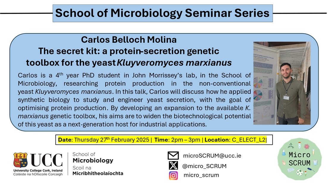 microSCRUM (@micro_scrum) on Twitter photo We are excited to announce the resumption of our School Seminar Series, with our first talk of 2025.
Carlos Belloch Molina will talk about genetic engineering of K. marxianus to maximise industrial protein production. <a href="/UccMicrobiology/">Microbiology UCC</a> <a href="/Pharmabiotic/">APC Microbiome Ireland</a> <a href="/MicroPGUCC/">UCC Microbiology Postgrad Committee</a> @SEFS <a href="/UCC/">UCC Ireland</a> We are excited to announce the resumption of our School Seminar Series, with our first talk of 2025.
Carlos Belloch Molina will talk about genetic engineering of K. marxianus to maximise industrial protein production. <a href="/UccMicrobiology/">Microbiology UCC</a> <a href="/Pharmabiotic/">APC Microbiome Ireland</a> <a href="/MicroPGUCC/">UCC Microbiology Postgrad Committee</a> @SEFS <a href="/UCC/">UCC Ireland</a>