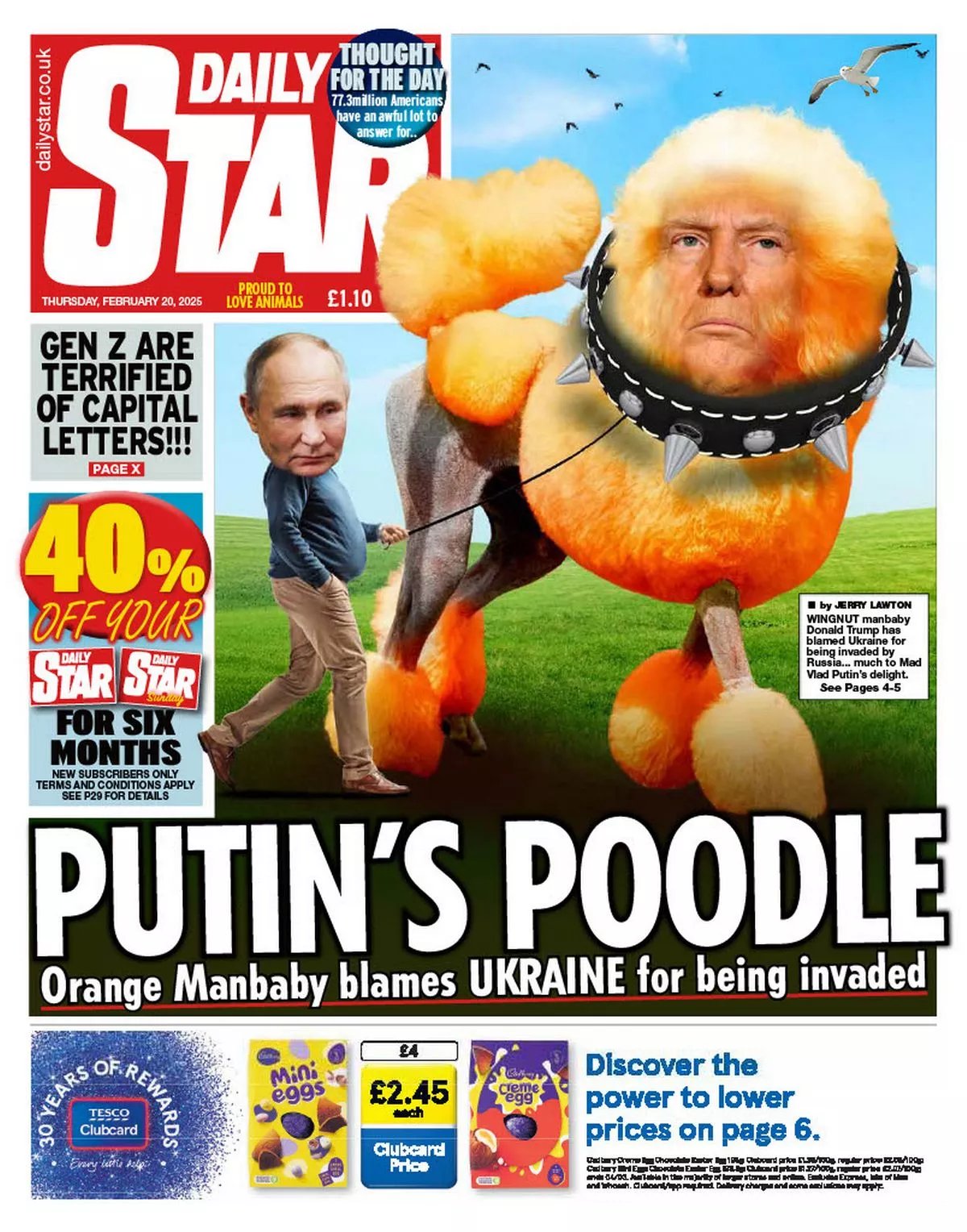 NOELREPORTS 🇪🇺 🇺🇦 on X: "Putin's poodle? UK's Daily Star mocks Trump,  implying he plays into Putin's hands. Politico adds: under Trump, the U.S.  is now Putin's ally. https://t.co/yvx2Q8WxTK" / X