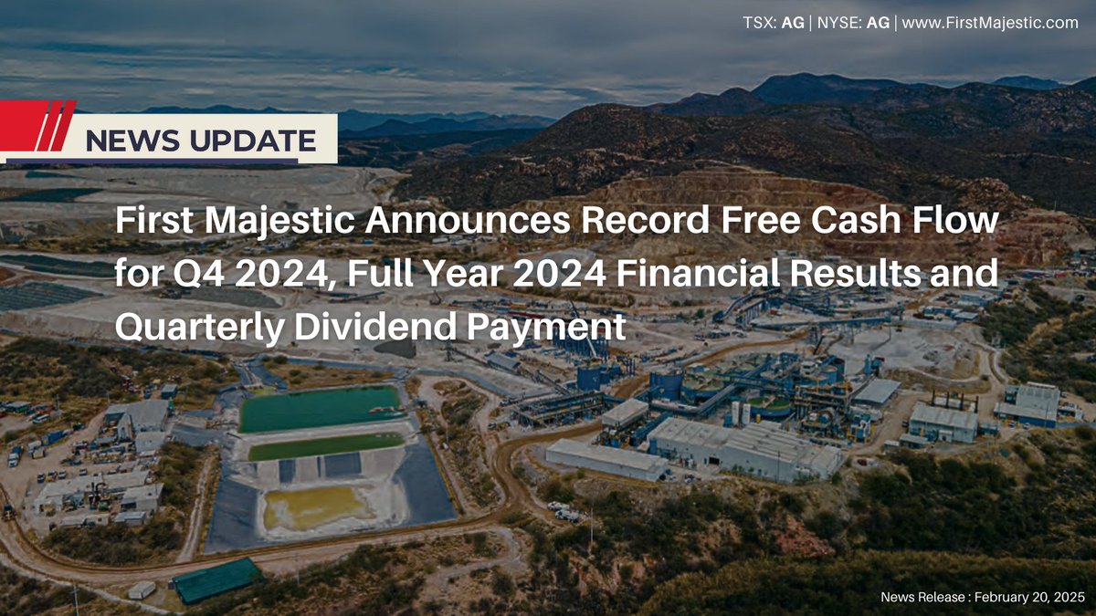 FMSilverCorp's tweet image. First Majestic announces strong Q4 2024 results:
✅Record free cash flow: $68.4M
✅Increased revenue: $172.3M
✅Increased EBITDA: $62M
✅Improved AISC: $20.34/AgEq oz

🔗firstmajestic.com/investors/news…

@FMSilverCorp $AG  #BuyPhysical #TripleDigitSilver @keith_neumeyer @FirstMintLLC