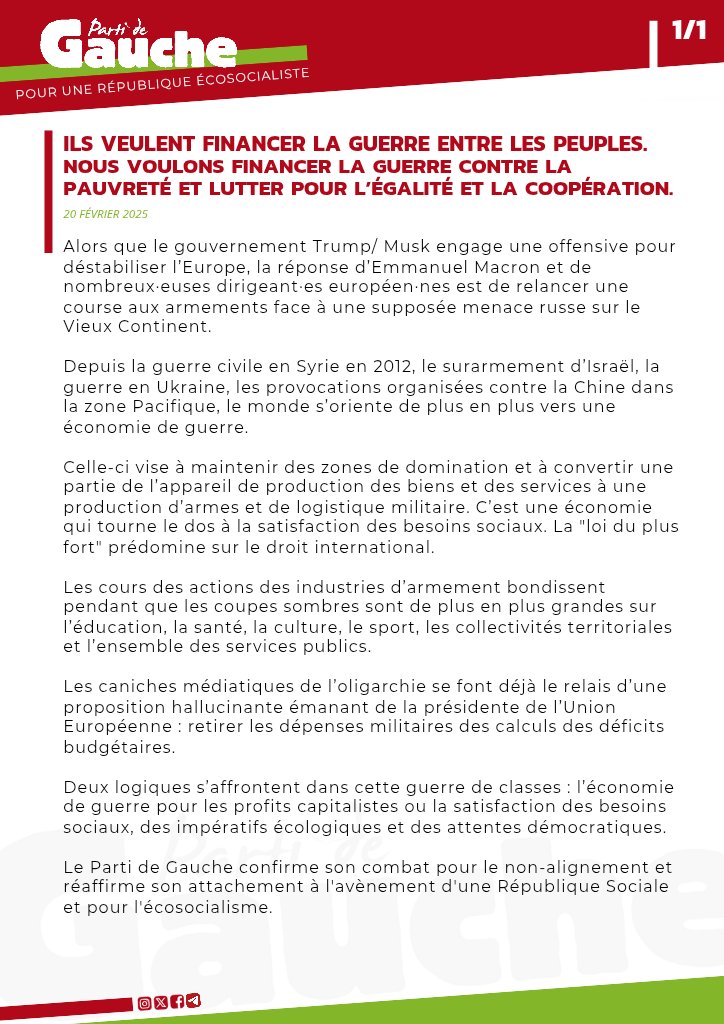 LePG's tweet photo. Ils veulent financer la guerre entre les peuples.

Nous voulons financer la guerre contre la pauvreté et lutter pour l’égalité et la coopération. https://t.co/ZYZKrU1aAg