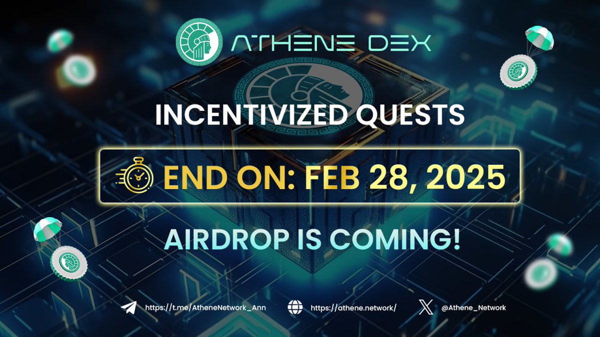 Athene_Network's tweet photo. ❤️ Athene Incentivized Quests Will End Soon!  

🧑‍💻 Time is running out! This is your final chance to rack up XP before Athene Incentivized Testnet (https://t.co/CApFejyugu) comes to an end.

⏳ Deadline: February 28, 2025

Testnet participants will receive the airdrop based on their total points earned. Details will be announced soon.

▶️ Earn XP now (https://t.co/2v3eyk5AUg)

➖➖
📍Stay updated: https://t.co/PHCBivviXu