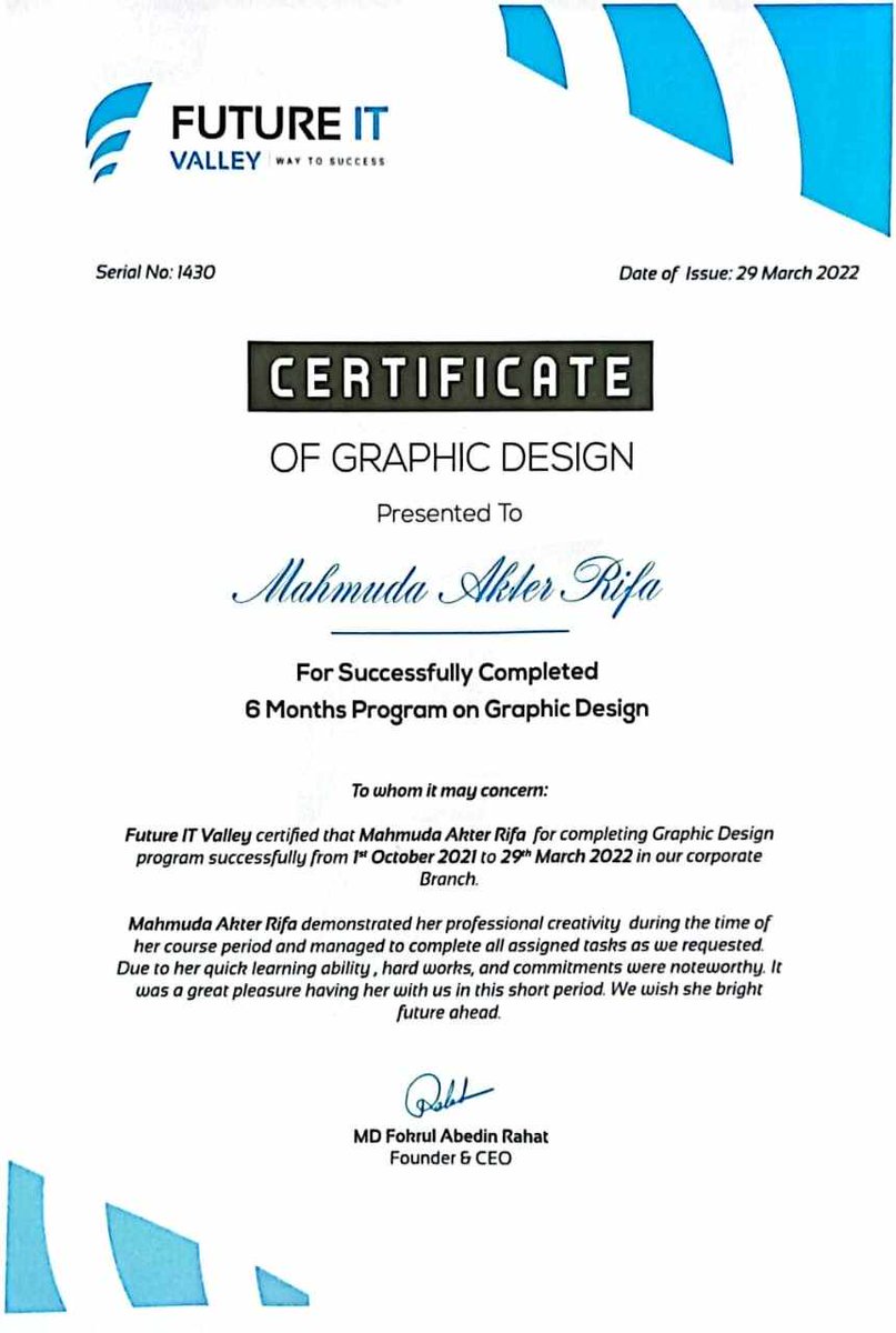Rifa7432's tweet photo. Alhamdulillah I completed my Masters in Graphic Design with marketing course from Times IT 2023 to 2025. This is my second degree in graphic design. First I completed my Graphic Design course in 2021 to 2022 from Future IT Valley. https://t.co/NEi4LymgX0