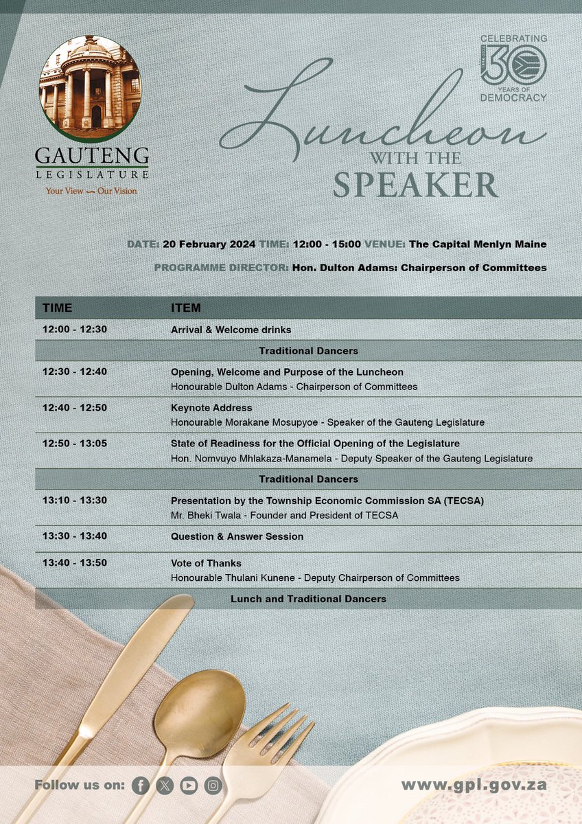 Today,  I will lead the Gauteng Provincial Legislature by hosting  the Luncheon with our key partners, as we count down to the Official Opening of the Legislature on February 24.

#GPSOPA25 #GautengLegislature #30YearsOfDemocracy #LuncheonWithTheSpeaker