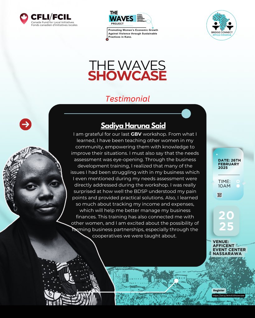 BridgeConnectNG's tweet image. WAVES women share how the WAVES project supported by @CanHCNigeria has transformed their lives

From economic empowerment to GBV advocacy, their journeys inspire change. Join us at the showcase to support and celebrate their growth! 

#WAVESProject #womenempowerment