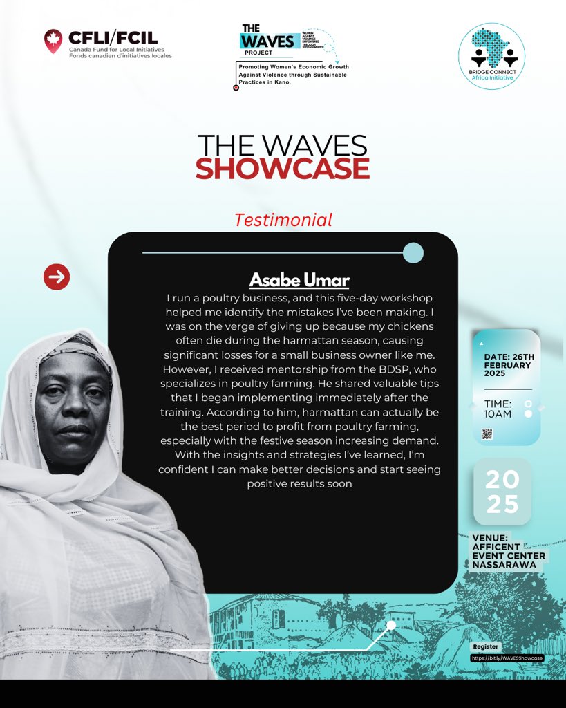 BridgeConnectNG's tweet image. WAVES women share how the WAVES project supported by @CanHCNigeria has transformed their lives

From economic empowerment to GBV advocacy, their journeys inspire change. Join us at the showcase to support and celebrate their growth! 

#WAVESProject #womenempowerment