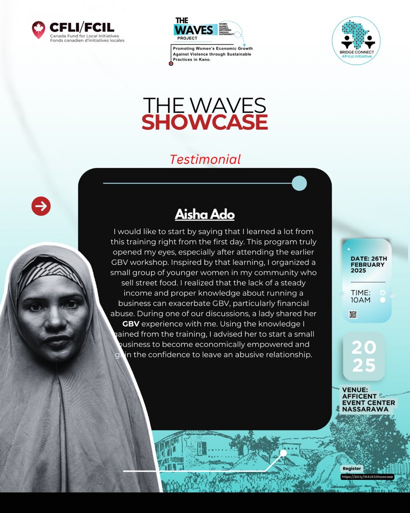 BridgeConnectNG's tweet image. WAVES women share how the WAVES project supported by @CanHCNigeria has transformed their lives

From economic empowerment to GBV advocacy, their journeys inspire change. Join us at the showcase to support and celebrate their growth! 

#WAVESProject #womenempowerment