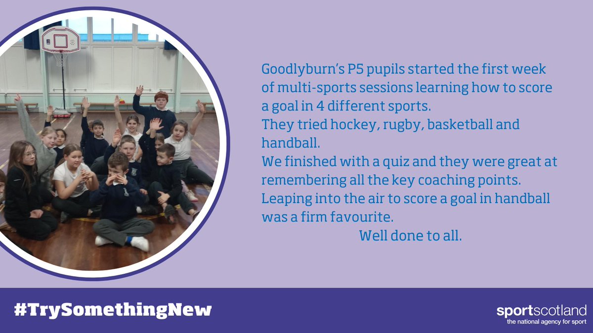 Goodlyburn's P5 pupils started the first week of multi-sports sessions learning how to score a goal in 4 different sports. Well done to all!
 🏑🏉🏀🤾
#TrySomethingNew