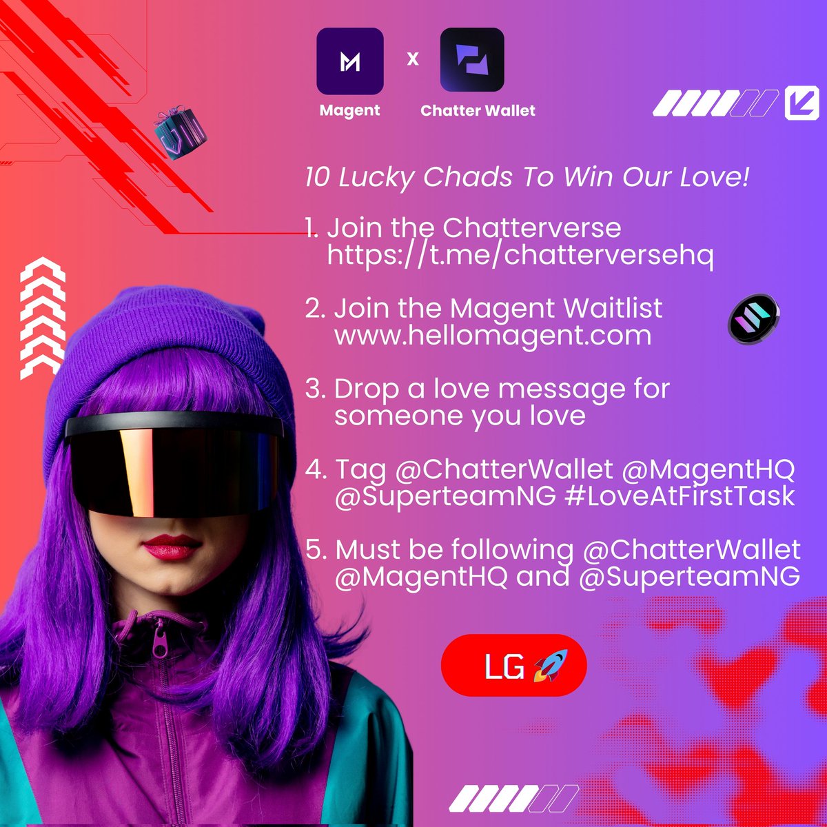 MagentHQ's tweet photo. 10 Lucky Chads To Win Our Love!

1. Join the Chatterverse https://t.co/kdK7IwoPcg
2. Join the Magent Waitlist https://t.co/fXCZrxIxs6 
3. Drop a love message for someone you love
4. Tag @ChatterWallet @MagentHQ @SuperteamNG #LoveAtFirstTask 
5. Must be following all 3 accounts