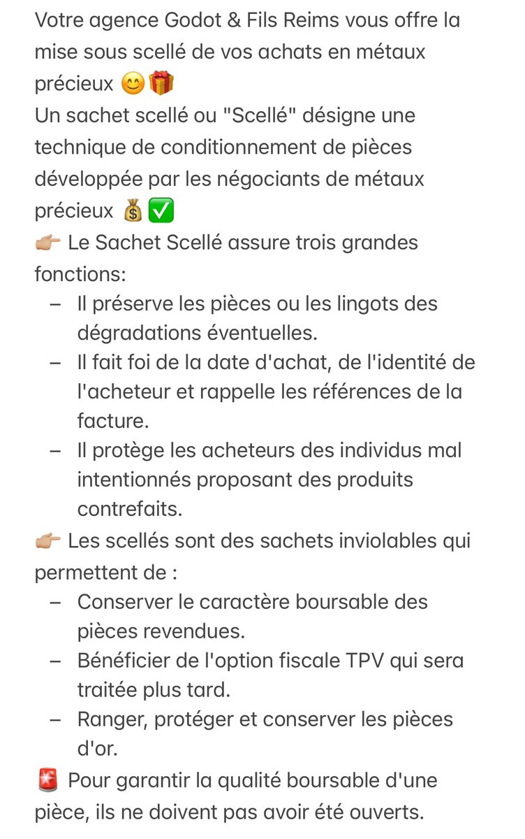 GodotFilsReims's tweet photo. @GodotFilsReims vous offre la mise sous scellé de vos achats en métaux précieux 😊🎁
Un sachet scellé ou "Scellé" désigne une technique de conditionnement de pièces développée par les négociants de métaux précieux 💰✅
#Reims #Investissement #Or #Argent #Scelle #Fiscalite https://t.co/Tw6Sh351Bs