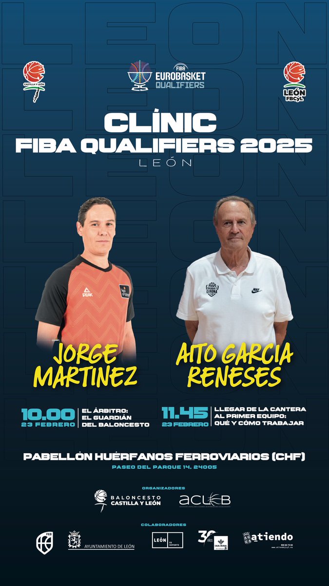 ACLEBaloncesto's tweet photo. 📄 FORMACIÓN 📄

Clínic FIBA Quialifiers León 2025 @FBCyL 

Nueva formación que realizamos aprovechando las ventanas FIBA de @BaloncestoESP.

🎙️Jorge Martínez
🎙️Aito García Reneses
⏰ 10:00 - 14:00
🏀 Pabellón CHF (León)

Enlace: https://t.co/C8PFC9BI93

#FormaciónACLEB https://t.co/9q9RGngxMC