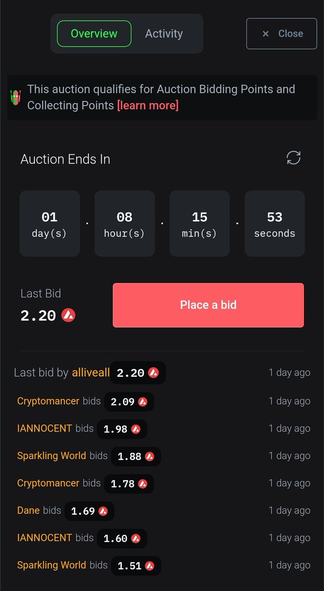 GM everyone 😊🌄 

Auction update 🚨 
Current bid : 2.20 $AVAX

Thank you for bidder <a href="/4LL1ve4LL/">alliveall</a> <a href="/phfoong/">Cryptomancer 🔺⚔️</a> <a href="/iannocent/">Iannocent</a> <a href="/im_sparkling234/">Sparkling World ✨</a> <a href="/TheDanetron3030/">Danetron</a> for participation 🙇

End in 1 day🚨
Lin in comment 🚨