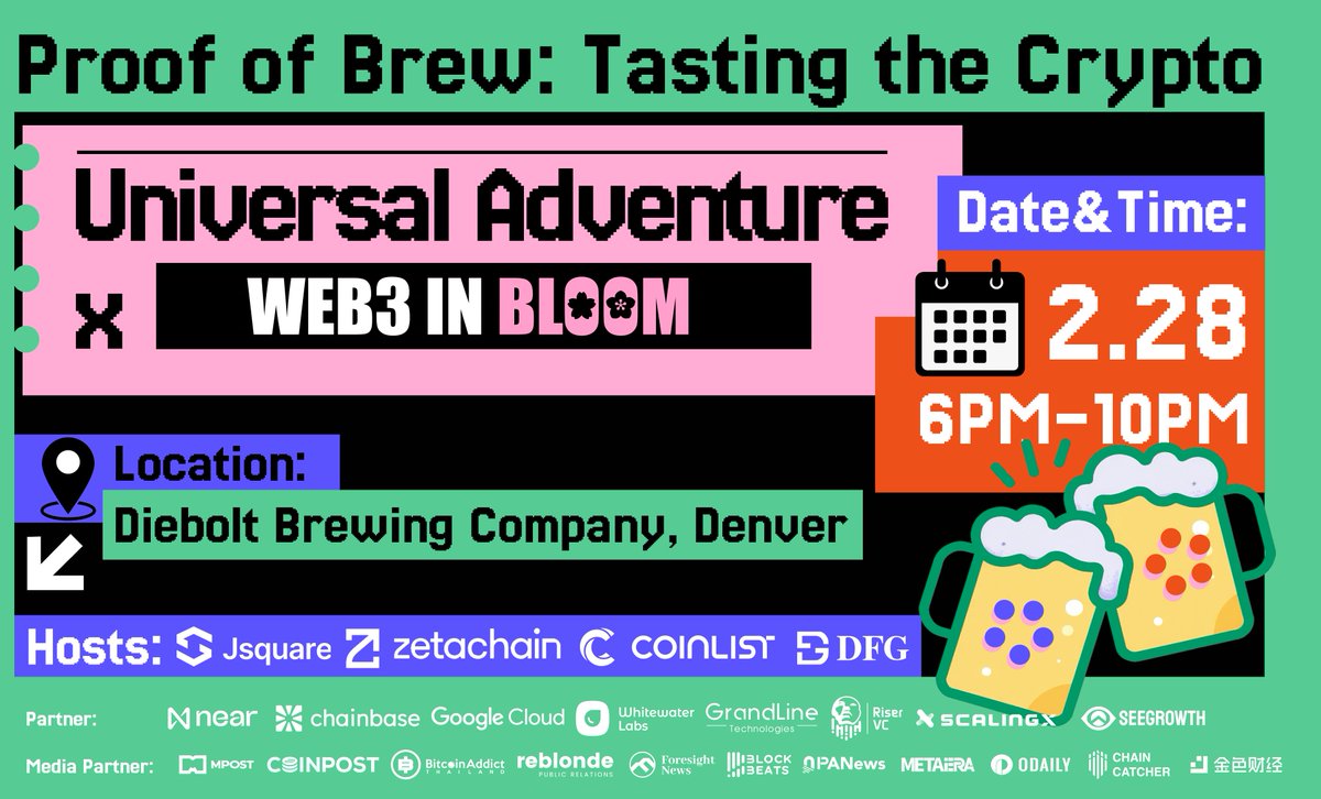 JSquare_co's tweet photo. Next Friday on FEB 28th, Universal Adventure ✶ Web3 in Bloom kicks off in Denver, co-hosted by @JSquare_co, @zetachain, @CoinList, and @DFG__Official. 🍻

It's a Proof of Beer night! Enjoy local craft brews while connecting with top industry leaders in the Web3 space. This is an exclusive experience you won’t want to miss during ETHDenver! 🚀

🗓️ Time: February 28th, 6 PM - 10 PM 
📷 RSVP: https://t.co/wfux09jiL5

Don’t miss your chance to network, relax, and have some fun! 🌆🎉

#ETHDenver #ETHDenver2025 #UniversalAdventure #Web3inBloom