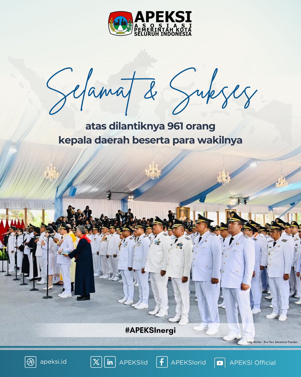 APEKSI menyambut dan mengucapkan SELAMAT BERTUGAS kepada Wali Kota dan Wakil Wali Kota yang baru dilantik dan TERIMA KASIH untuk mereka yang telah menyelesaikan masa jabatannya. Mari bersinergi, berkolaborasi, untuk Negeri. 

#APEKSInergi