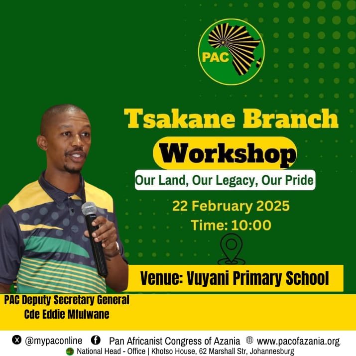This Saturday <a href="/MyPAConline/">Pan Africanist Congress of Azania (PAC)</a>  Deputy Secretary General cde Eddie Mfulwane will be in Ekurhuruleni Region, Tsakane branch to be precise.

#PACAdmin
#PAConTheMove.