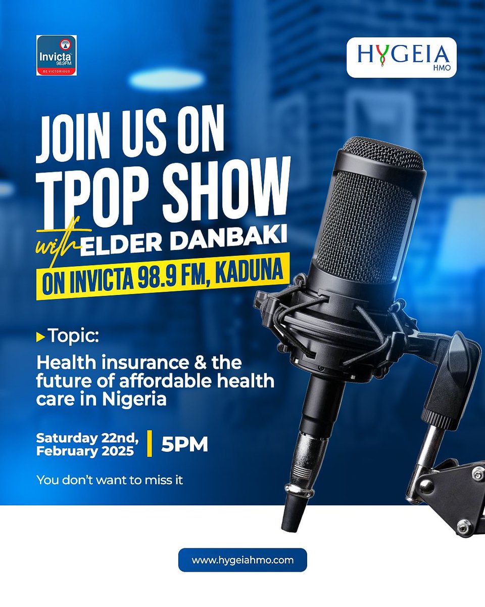 HygeiaHMO_'s tweet image. Let’s talk about the future of affordable healthcare in Nigeria!   Join us on the TPOP Show with Elder Danbaki on Invicta 98.9 FM Kaduna, this Saturday February 22nd, 2025   #HygeiaHMO #HealthInsuranceMatters #kadunaradio