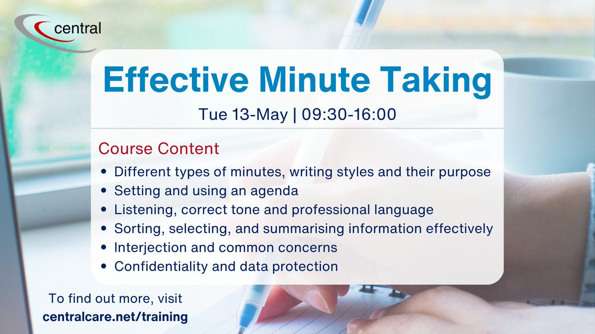 CentralCare's tweet image. @CentralCare’s Effective Minute Taking course aims to guide staff through a step-by-step approach to producing effective minutes for meetings on a multi-level basis. Book your space today!
#virtuallearning #training #opencourse
centralcare.net/training/open-…