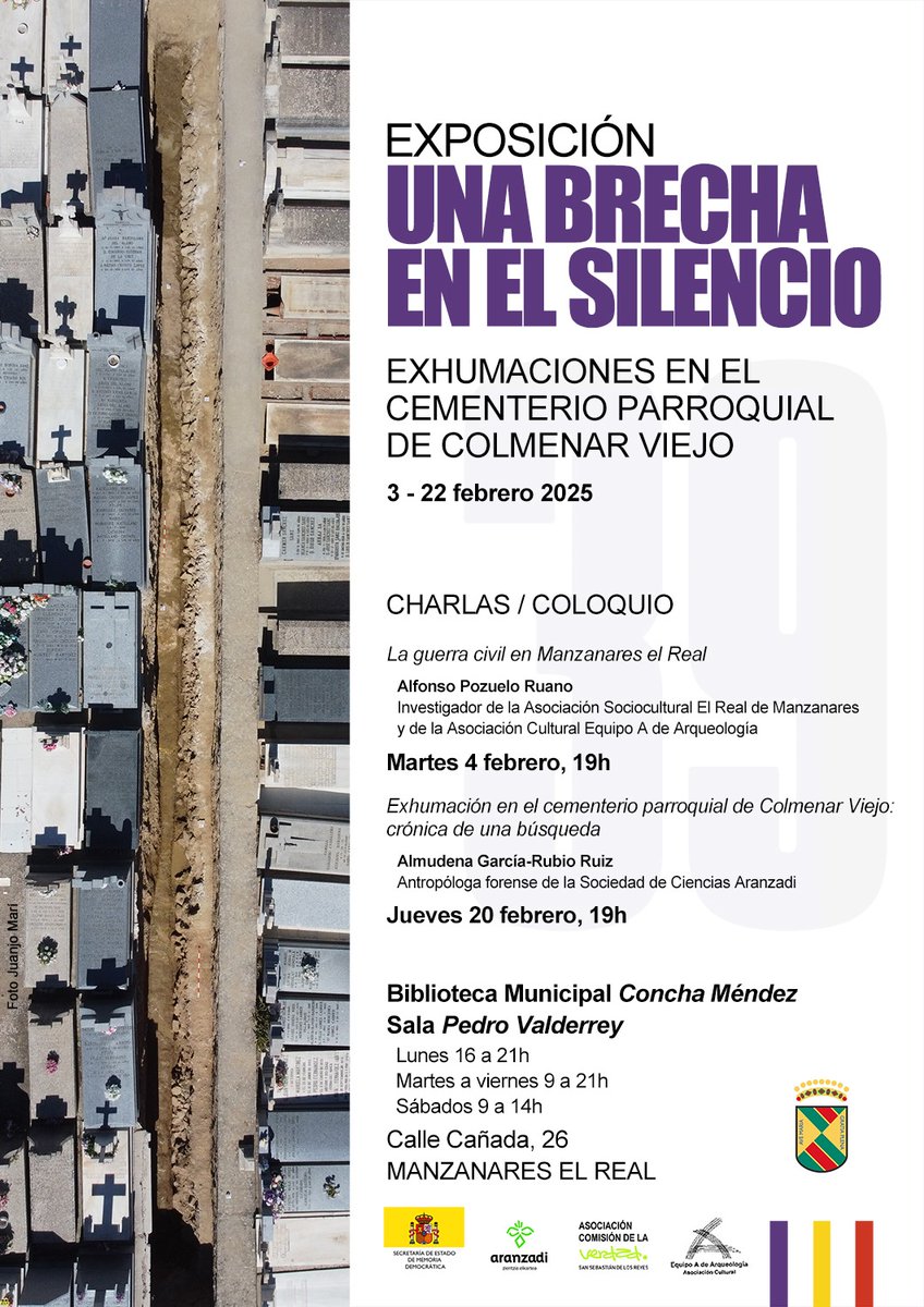 Seguimos hablando de la exhumación de Colmenar por la zona Norte de Madrid, hoy en Manzanares el Real. Exposición: Una brecha en el Silencio. Conferencia: Crónica de una búsqueda. A las 19:00 en la biblioteca municipal. Os esperamos!