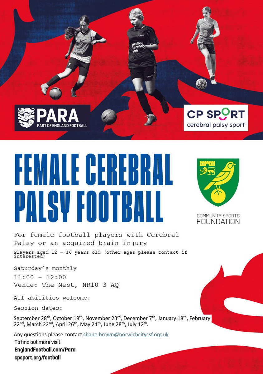 Cerebral Palsy Sport (@cp_sport) on Twitter photo We have 6 Female CP Football Satellite Centres across England 💚
Norwich Community Sports Foundation have their next session this Saturday 22nd February.
Please get in touch if interested via info@cpsport.org for information on the other 5 Satellite Centres. We have 6 Female CP Football Satellite Centres across England 💚
Norwich Community Sports Foundation have their next session this Saturday 22nd February.
Please get in touch if interested via info@cpsport.org for information on the other 5 Satellite Centres.