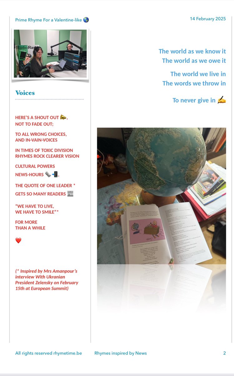 A 🆕Prime Rhyme for y’all🫶, inspired by the stunning #powerplay at today’s world scene 🌍 « Voices » is inspired by @cnn chief international newsanchor <a href="/amanpour/">Christiane Amanpour</a> interviewing president <a href="/ZelenskyyUa/">Volodymyr Zelenskyy / Володимир Зеленський</a> 
#newspoem #PeaceForTheWorld 

Read more on Rhymetime.be