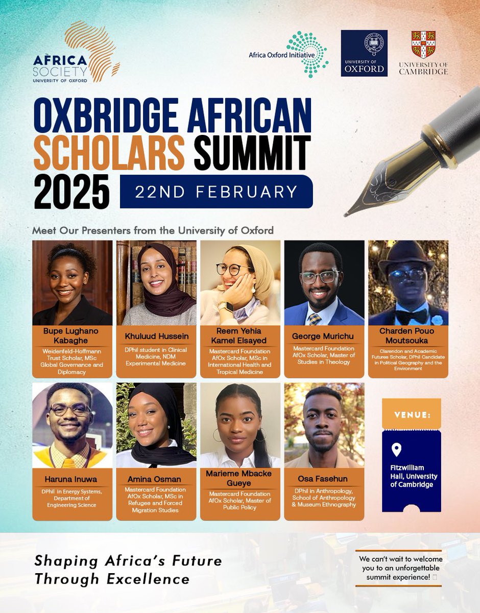 oxfordafrica's tweet photo. Meet the Oxford Presenters at the Oxbridge African Scholars Summit 2025!

We are proud to introduce the selected scholars who will be presenting on behalf of the Oxford University Africa Society at Bridging Excellence: Oxbridge African Scholars Summit 2025! https://t.co/YIPDEIm9EN