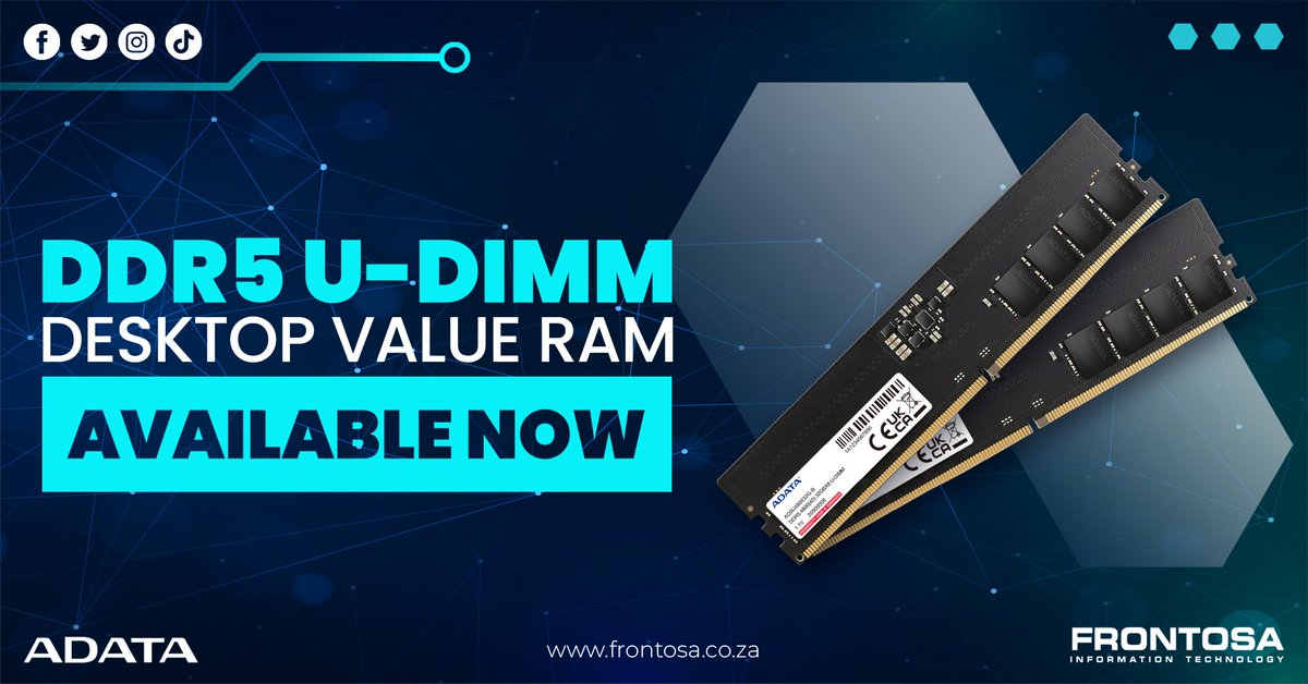 FrontosaSA's tweet image. ✅Unlock higher frequencies and blazing speeds- ADATA’s DDR5 U-DIMM Memory Module is a glimpse into the future of DRAM. 

Available through Frontosa!
frontosa.co.za/where_to_buy.a… 

#ADATA #DDR5 #MemoryModule #FrontosaIT