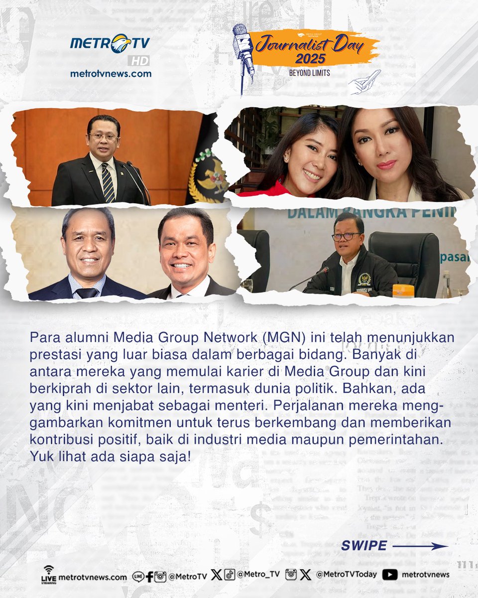 Metro_TV's tweet photo. Kalian tahu gak, beberapa tokoh ini ternyata pernah berkarier di Media Group dan kini sudah berkiprah di berbagai bidang lain.
#mediagroupnetwork #JournalistDayMetroTV #JournalistDay2025 #bambangsoesatyo #meutyahafid #fifialeydayahya https://t.co/oYcfzXIbAk