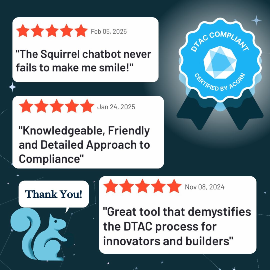 Who can you trust when it comes to your company's compliance? 🤔

Our users report that Squirrel™ makes compliance understandable -even for newbies.

Are you a happy Squirrel™ user? Help us out and give us a review on <a href="/G2dotcom/">G2</a> !

 g2.com/products/dtac-…
