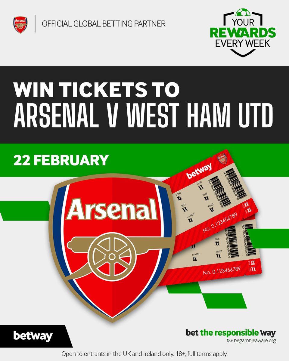 ⚽ WIN a pair of tickets to see <a href="/Arsenal/">Arsenal</a> v <a href="/WestHam/">West Ham United</a> on Saturday!  

To enter: 
- Follow our X account 
- Like this post 
- Comment with your score prediction for the match 

Closes 9am Friday 21 February 

T&amp;Cs👇
blog.betway.com/football/premi…