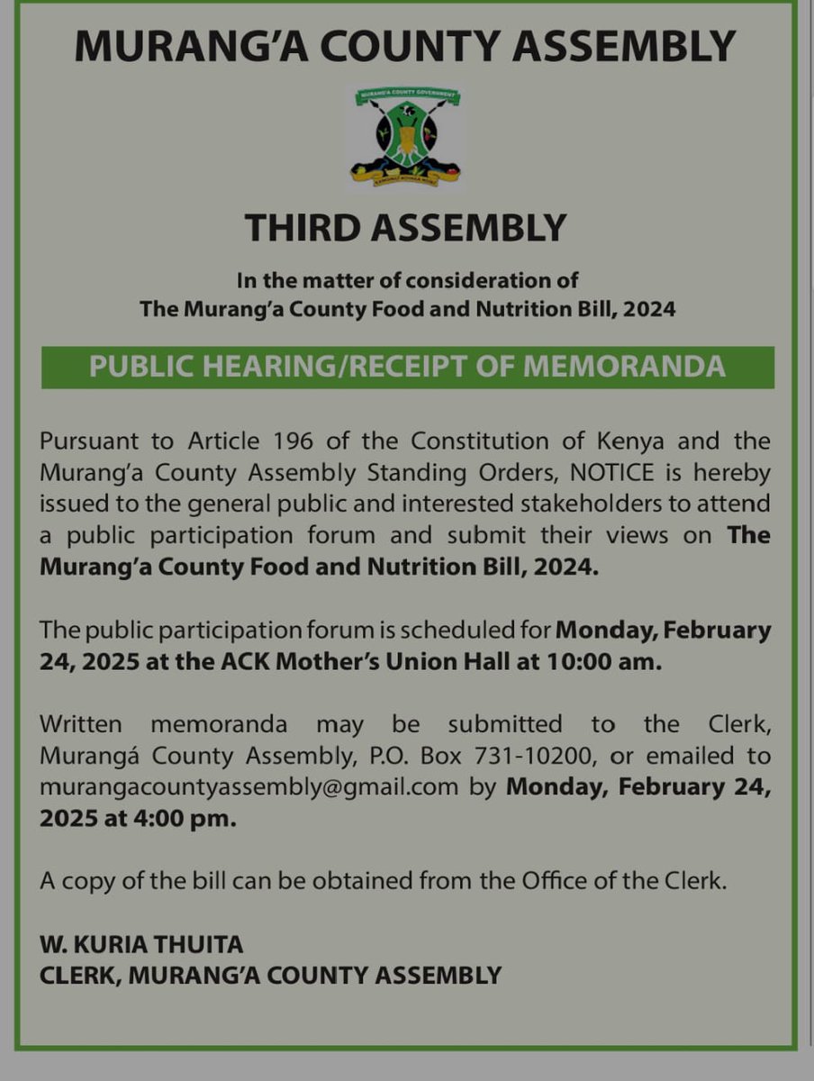 KEPHRA (@humanrightsmps) on Twitter photo đ¨Public Participation Alert!
<a href="/MurangaAssembly/">Muranga County Assembly</a> invites you to give your views on the Proposed Food Security & Nutrition Bill, 2024.
We are proud to hv supported the dev't of this Bill. The Right to Food is a constitutional right. Letâs shape policies that secure food for all! đ¨Public Participation Alert!
<a href="/MurangaAssembly/">Muranga County Assembly</a> invites you to give your views on the Proposed Food Security & Nutrition Bill, 2024.
We are proud to hv supported the dev't of this Bill. The Right to Food is a constitutional right. Letâs shape policies that secure food for all!