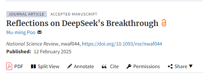 Reflections on DeepSeek's Breakthrough.
Latest editorial from journal NSR.
#DeepSeek #DeepSeekR1 <a href="/deepseek_ai/">DeepSeek</a> 
doi.org/10.1093/nsr/nw…