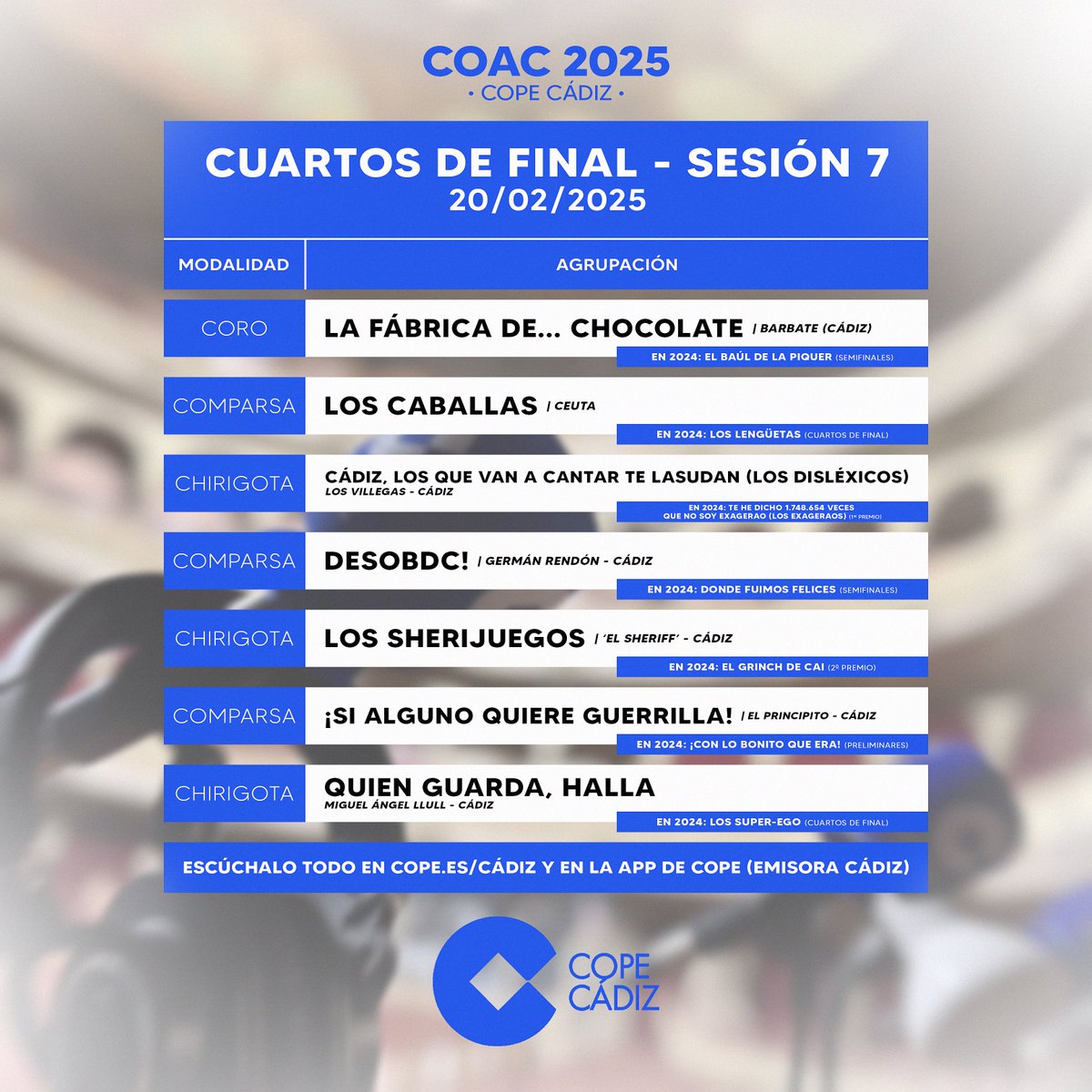 😬 ¡Hoy tenemos la segunda noche de “cuchillos largos”! 

🎭 Y aquí ORDEN DE ACTUACIÓN para esta séptima función de cuartos de final!

▶️ Escúchalo todo en, en directo, desde las 19:30 en:

📻 cope.es/cadiz y en la APP de COPE (Emisora Cádiz)

#COAC2025C7
