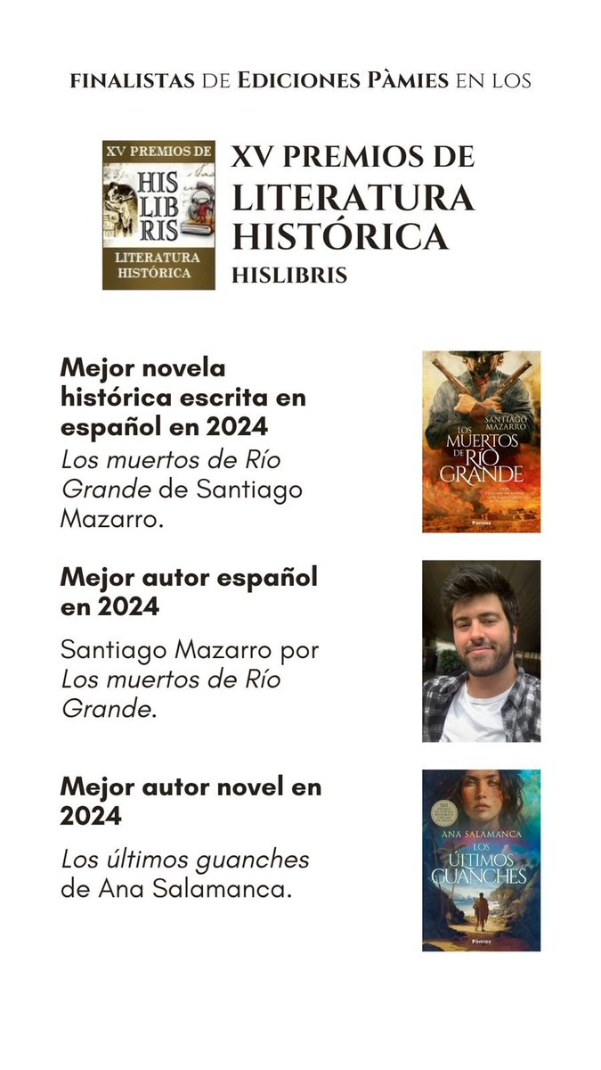 Ediciones Pàmies (@edicionespamies) on Twitter photo Gracias a <a href="/Hislibris/">Hislibris</a> un año más por tenernos entre sus finalistas, este año con <a href="/SantiMazarro/">Santiago Mazarro</a> por partida doble y con <a href="/Anasalamancaa/">Ana Salamanca</a> con su primera novela, ganadora del <a href="/CINHDe/">CINH Ciudad de Úbeda</a> Gracias a <a href="/Hislibris/">Hislibris</a> un año más por tenernos entre sus finalistas, este año con <a href="/SantiMazarro/">Santiago Mazarro</a> por partida doble y con <a href="/Anasalamancaa/">Ana Salamanca</a> con su primera novela, ganadora del <a href="/CINHDe/">CINH Ciudad de Úbeda</a>