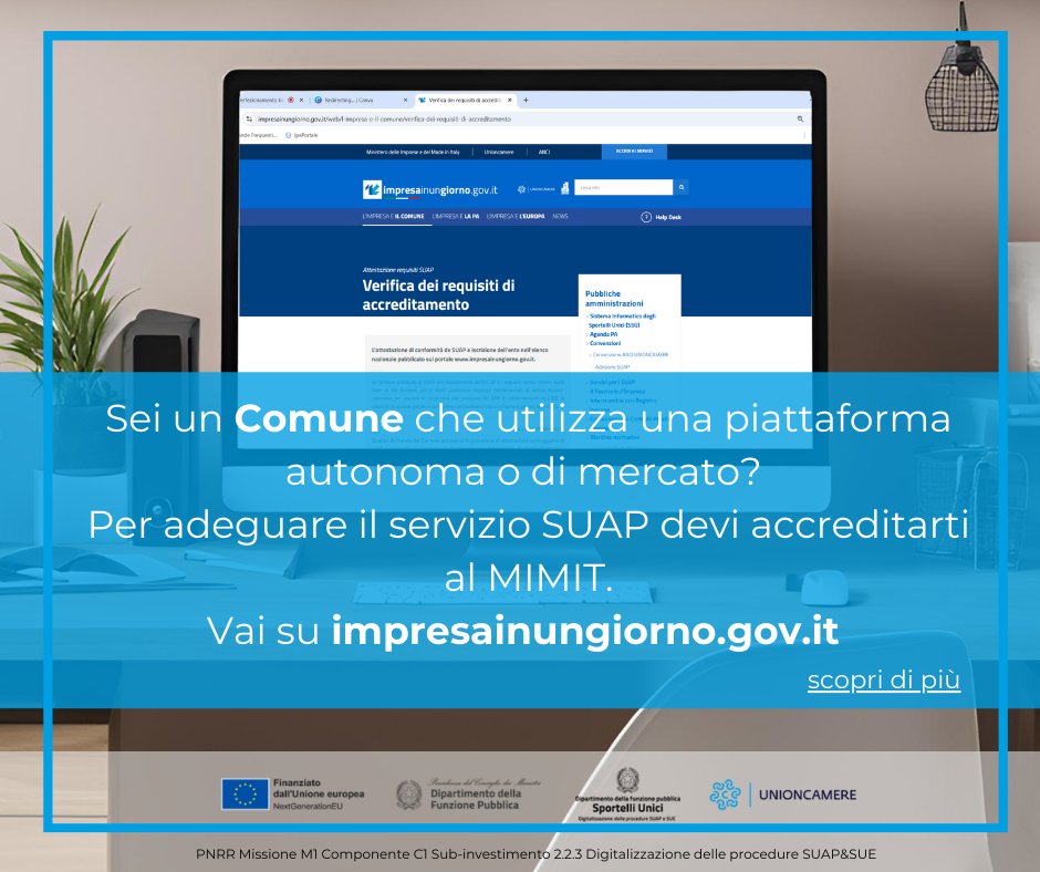 #lecameredicommercioperleimprese
Il progetto PNRR “Digitalizzazione delle procedure SUAP e SUE" coinvolge anche le Pubbliche Amministrazioni (Regioni, Comuni, Enti Terzi centrali e locali) impresainungiorno.gov.it/web/l-impresa-…

#comune #MIMIT #impresainungiorno

<a href="/mimit_gov/">MIMIT</a> <a href="/unioncamere/">Unioncamere</a>