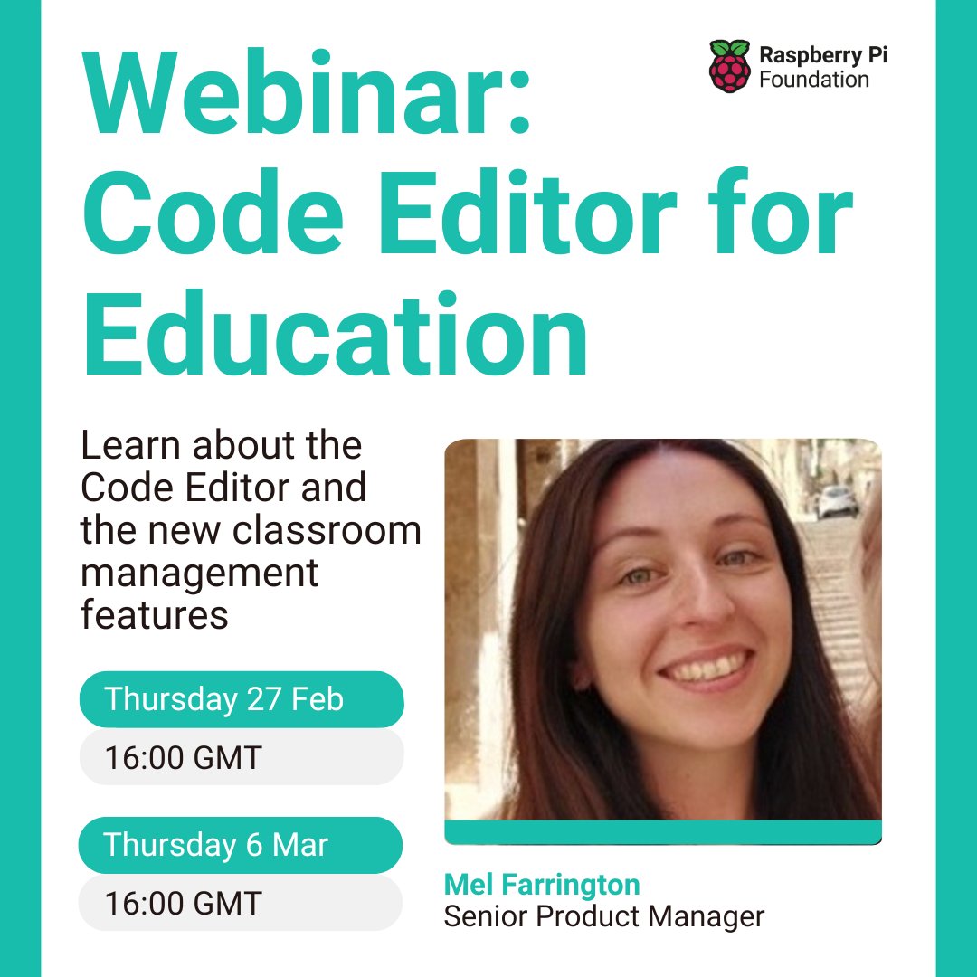 RaspberryPi_org's tweet image. 📢 Don’t miss our webinar on the Code Editor for Education!

Join us as Mel Farrington (Senior Product Manager) takes you through the Code Editor and its new classroom management features.

Register now to secure your spot:

👉 rpf.io/code-editor-we…

#RPFEditor #Coding