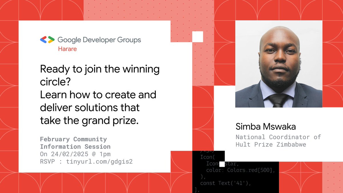 gdg_harare's tweet image. Join us for our February information session, led by the incredible Simba Mswaka.
This is your chance to connect, ask questions, and gain insights that could propel you toward victory in the Campus Creator Challenge or Build with AI hackathon.
RSVP Here: tinyurl.com/gdgis2