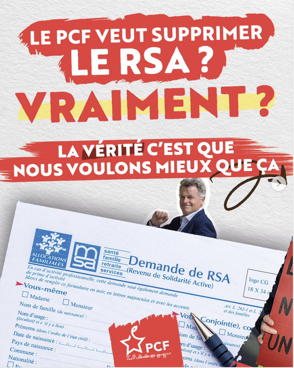 PCF's tweet image. Nous voulons MIEUX que le RSA !

Le RSA maintient des millions de personnes dans la précarité. Nous, on défend la Sécurité Emploi Formation : un vrai droit à un emploi ou une formation, avec un revenu garanti.

🚨Le problème ?
635 €/mois, impossible de vivre dignement.
Des…