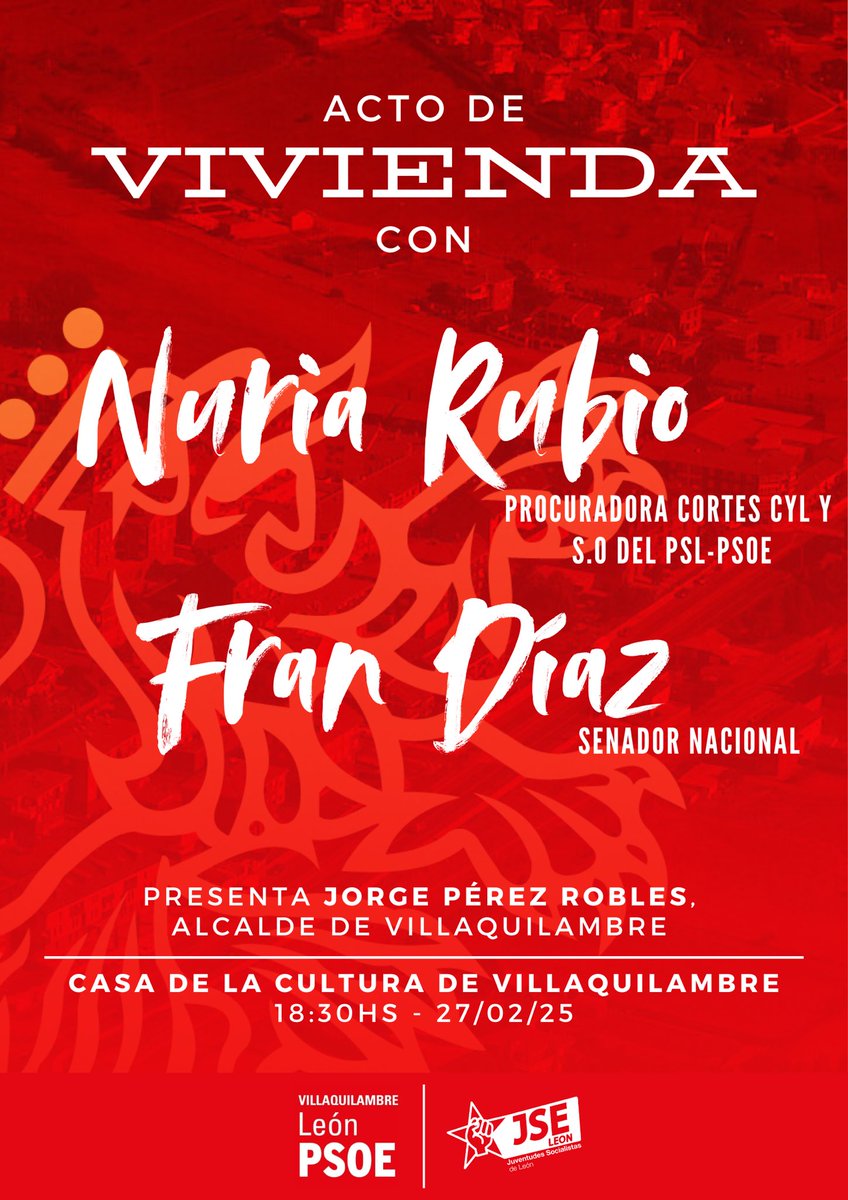 JSE_Leon's tweet photo. 🏡 La vivienda es un derecho, no un lujo ✊

El 27F en Villaquilambre, junto a @psoevq , debatimos sobre acceso a la vivienda con @FranDiaz_1992 y @Nuri_Rubio .

📍 Casa de la Cultura ⏳ 18:30

¡Te esperamos! https://t.co/ZJ3dfEDDzE