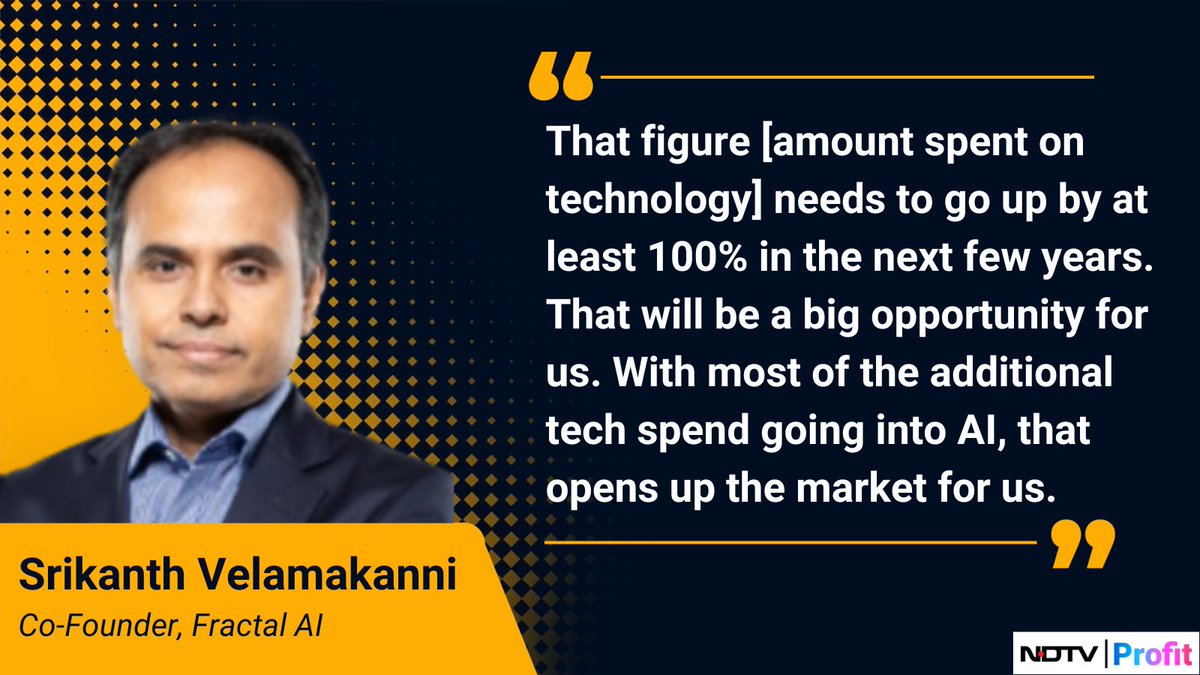 NDTV Profit (@ndtvprofitindia) on Twitter photo Indian firms need to double their spend on technology to stay on course and make the best of #AI tools, according to Fractal AI Co-Founder Srikanth Velamakanni. <a href="/srikanth/">Srikanth Velamakanni</a> <a href="/fractalai/">Fractal</a>
<a href="/Rish_Bhat/">Rishabh Bhatnagar</a> reports: bit.ly/3QpP2Dx Indian firms need to double their spend on technology to stay on course and make the best of #AI tools, according to Fractal AI Co-Founder Srikanth Velamakanni. <a href="/srikanth/">Srikanth Velamakanni</a> <a href="/fractalai/">Fractal</a>
<a href="/Rish_Bhat/">Rishabh Bhatnagar</a> reports: bit.ly/3QpP2Dx