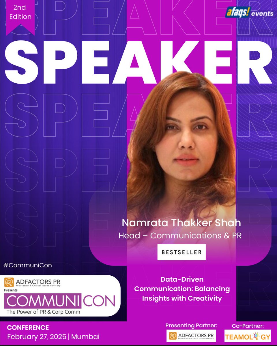 afaqs's tweet photo. #CommuniCon: Join us at CommuniCon 2025 for an insightful session on "Data-Driven Communication: Balancing Insights and Creativity" by Namrata Thakker, Head- Communications and PR at BESTSELLER.
Register here: https://t.co/WjcroCFuJX
📅: February 27, 2025
📍: Fairfield by Marriott, Mumbai
#publicrelations | #pr | #corporatecommunications | #corpcomm | #publicrelationsagency | #prprofessionals | #webinar | #pragency | @TeamologyMedia | @AdfactorsPR