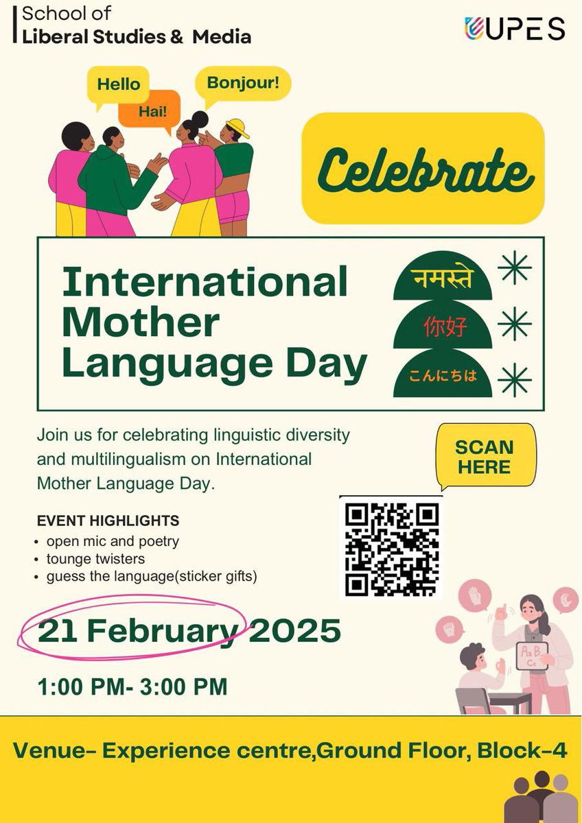 rashibadiyani's tweet photo. Languages unite us & celebrate diversity!
This #InternationalMotherLanguageDay, join UPES School of Liberal Studies & Media for a day of #OpenMic, #Poetry & #LanguageGames!
📅 21st Feb 2025 | ⏰ 1-3 PM
📍 Experience Centre, Ground Floor, Block-4
Let’s honor #LinguisticDiversity https://t.co/8k0JSB8xhG