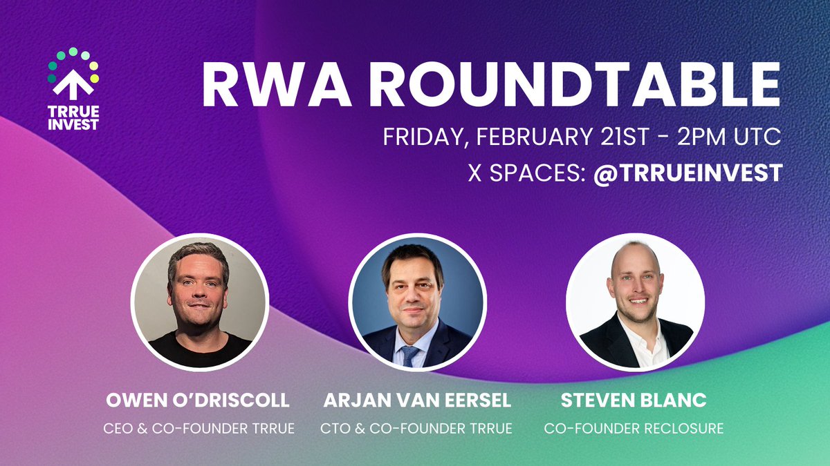 Trrue Invest (@trrueinvest) on Twitter photo ⏳ 1 Day to Go! ⏳
Don’t miss the first RWA Roundtable tomorrow at 2 PM UTC! 🚀
Join <a href="/Owen_O_D/">Owen O Driscoll</a>, <a href="/ArjanVanEersel/">Arjan van Eersel</a>, and Steven Blanc (<a href="/REClosureDEX/">Propto</a>) as they dive into #Blockchain and #RWA live on #XSpaces.
Set a reminder now!⛓️
👉 x.com/i/spaces/1ZkKz… ⏳ 1 Day to Go! ⏳
Don’t miss the first RWA Roundtable tomorrow at 2 PM UTC! 🚀
Join <a href="/Owen_O_D/">Owen O Driscoll</a>, <a href="/ArjanVanEersel/">Arjan van Eersel</a>, and Steven Blanc (<a href="/REClosureDEX/">Propto</a>) as they dive into #Blockchain and #RWA live on #XSpaces.
Set a reminder now!⛓️
👉 x.com/i/spaces/1ZkKz…