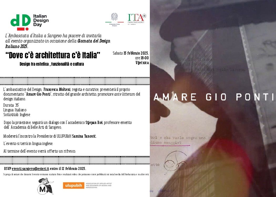 ITAZagreb's tweet image. 💡 On Feb 15th, Sarajevo hosted Italian Design Day, focusing on &quot;Inequalities. Design for a Better Life.&quot; The event featured the documentary &quot;Amare Gio Ponti,&quot; celebrating the iconic architect at the historic Vijećnica. #ItalianDesignDay #DesignForInclusion #GioPonti