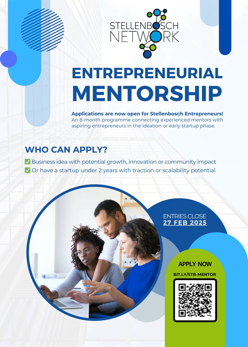 Stellenbosch Municipality (@stellmun) on Twitter photo 🚀Entrepreneurs, this one’s for you!
Join the <a href="/StellenboschN/">Stellenbosch Network</a> Entrepreneurial Mentorship Programme and connect with experienced mentors who can help take your business or idea to the next level! 🚀Entrepreneurs, this one’s for you!
Join the <a href="/StellenboschN/">Stellenbosch Network</a> Entrepreneurial Mentorship Programme and connect with experienced mentors who can help take your business or idea to the next level!