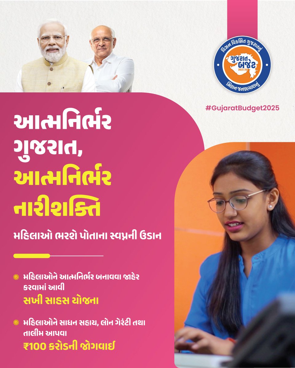 "સખી સાહસ યોજના: રોજગારથી આત્મસમાન સુધી!"
નારી શક્તિ, પ્રગતિની ગતિ!

#GujaratBudget2025