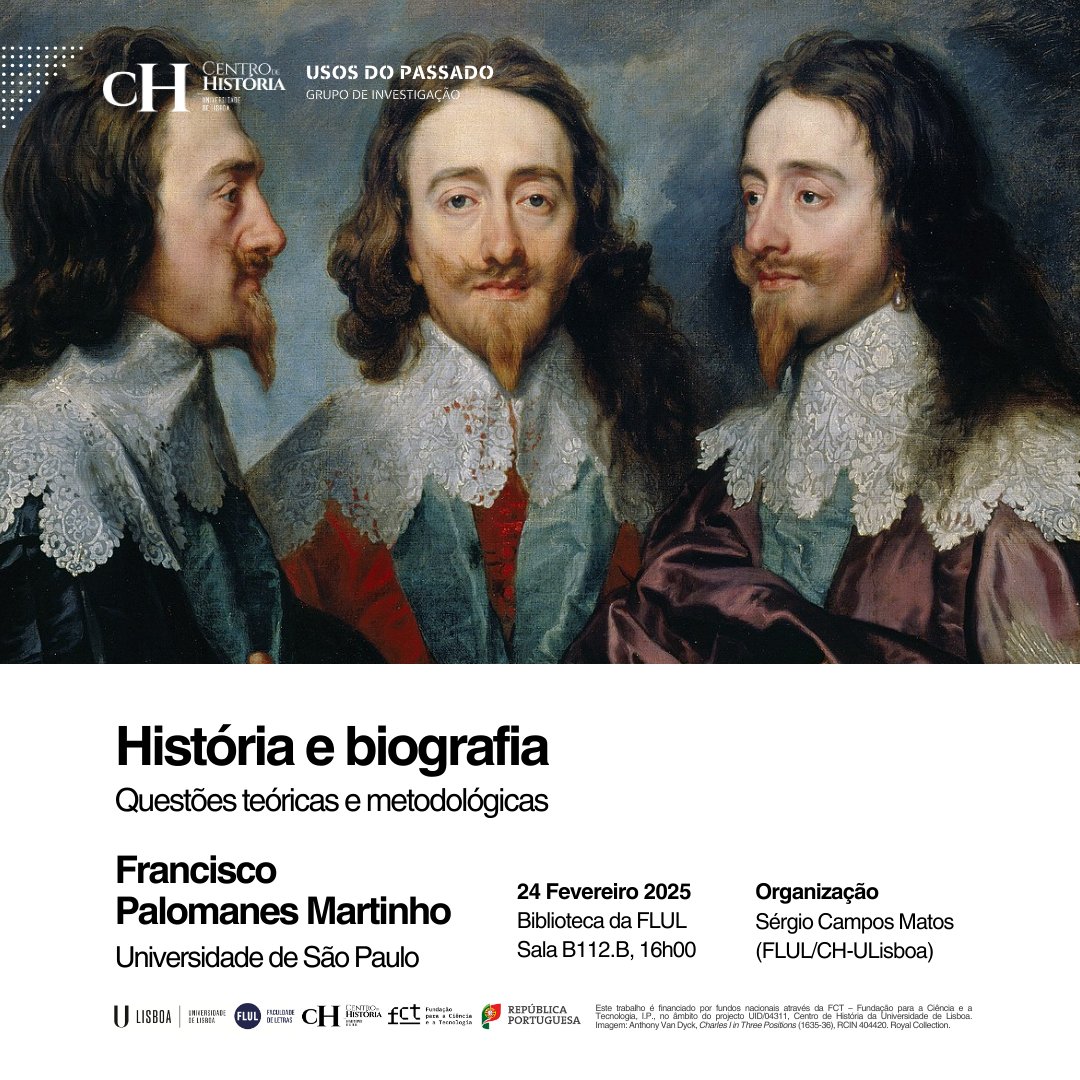 [𝐂𝐨𝐧𝐟𝐞𝐫ê𝐧𝐜𝐢𝐚] História e biografia: questões teóricas e metodológicas

𝐎𝐫𝐚𝐝𝐨𝐫 Francisco Palomanes Martinho <a href="/usponline/">USP - Universidade de São Paulo</a> 
𝐋𝐨𝐜𝐚𝐥 @letras_ulisboa Sala B112.B
𝐃𝐢𝐚 24 de Fevereiro de 2025
𝐇𝐨𝐫𝐚 16:00

𝐎𝐫𝐠. Sérgio Campos Matos
+INFO chul.letras.ulisboa.pt