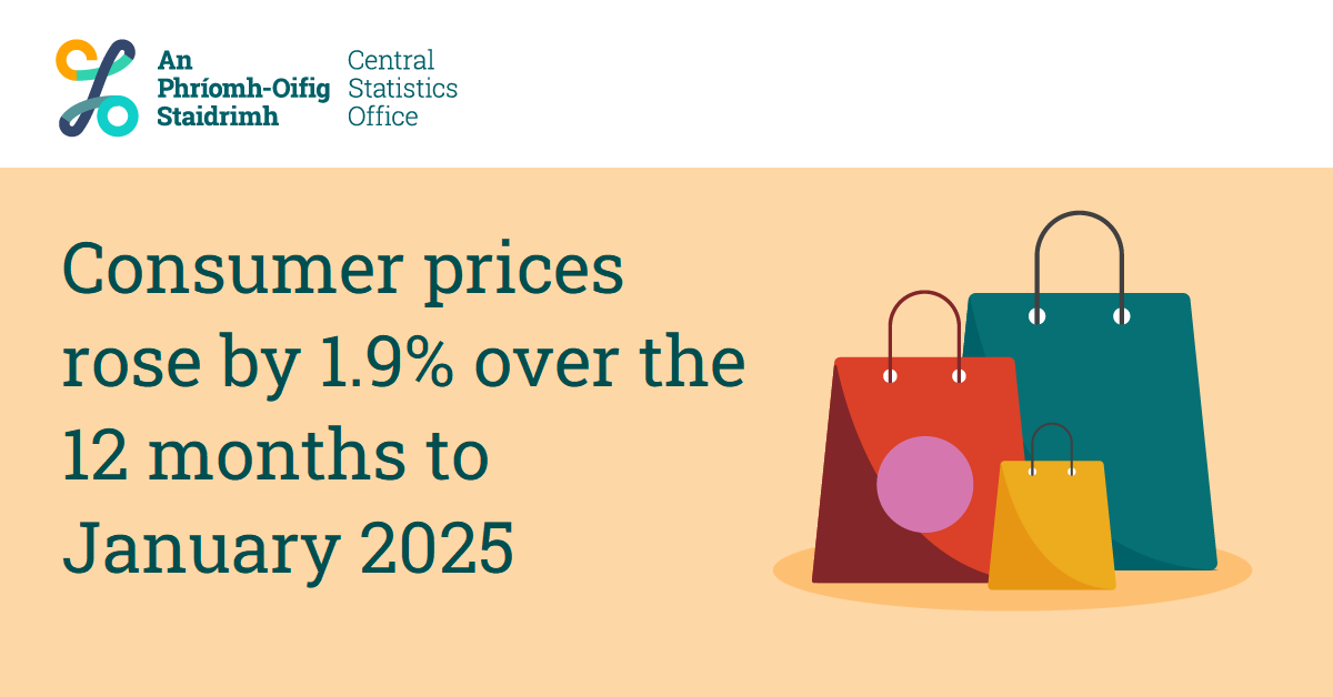 CSOIreland's tweet photo. Consumer prices rose by 1.9% over the 12 months to January 2025

https://t.co/a7mjsrZzE2

#CSOIreland #Ireland #CPI #ConsumerPrices #Inflation #Deflation #Prices #BusinessStatistics #Business #BusinessNews #IrishBusiness https://t.co/GeirCLdNJk
