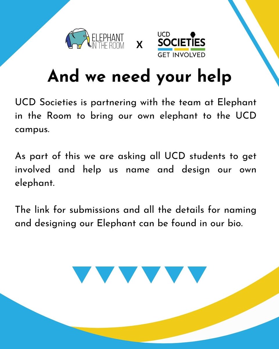 Have you heard of the Elephant in the Room?

Click the link in our bio to submit your designs for UCD's Elephant! 

#mentalhealth #ucdsocieties #eitr